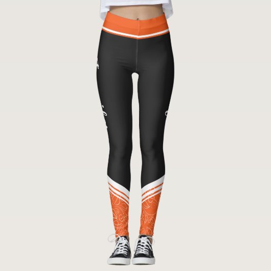 Orange & schwarz blumenweiße Streifen und Name mod Leggings (Vorderseite)