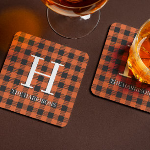 ORANGE Schwarz Büffel Karo Monogramm Weihnachten Getränkeuntersetzer