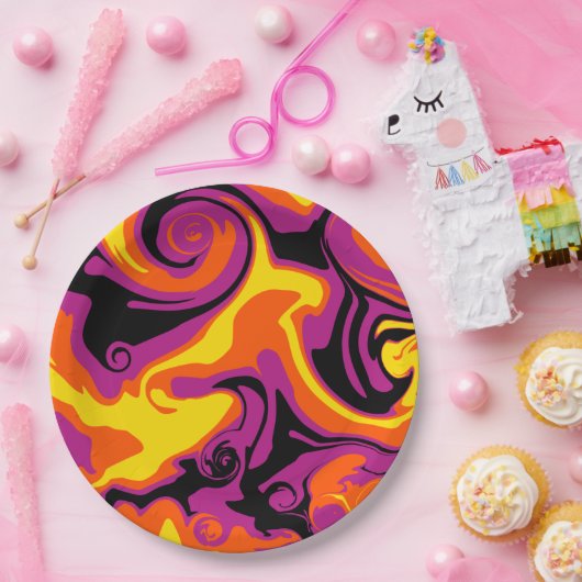 Orange, Schwarz, Rosa und Gelb Pappteller (Party)