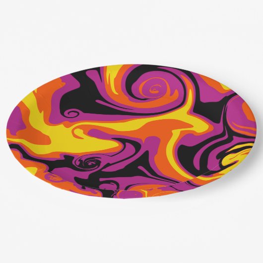 Orange, Schwarz, Rosa und Gelb Pappteller (Schrägansicht)