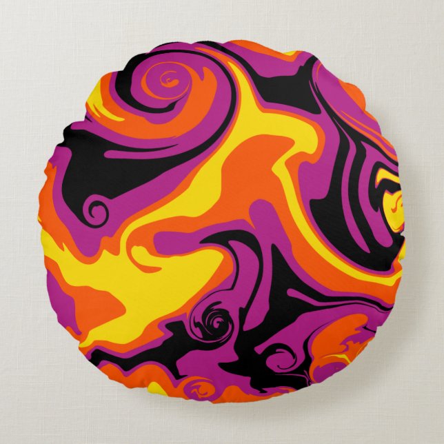 Orange, Schwarz, Rosa und Gelb Rundes Kissen (Vorderseite)