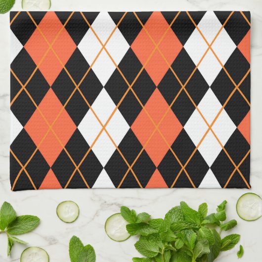 Orange Schwarz-weiße Raute Diamond Design Geschirrtuch (Gefaltet)