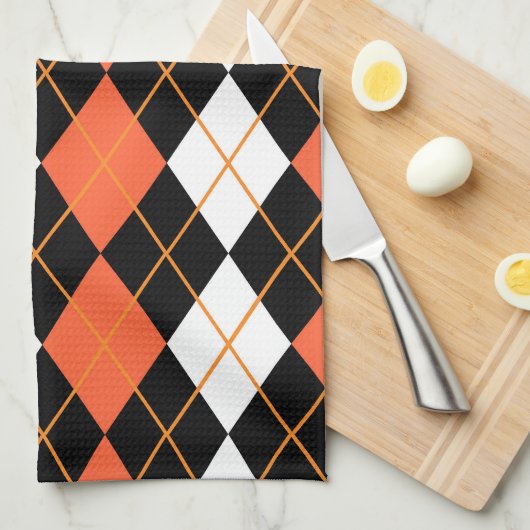 Orange Schwarz-weiße Raute Diamond Design Geschirrtuch (Viertel Falte)
