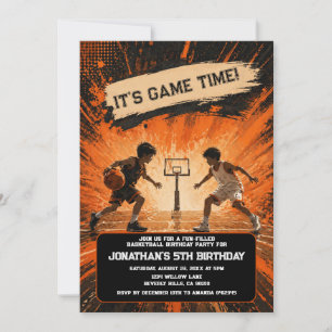 Orange Schwarze Grunge Basketball-Spielzeit-Geburt Einladung