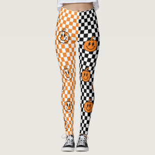 Orange Schwarze Retro Coole Kürbis Schachbrett Hal Leggings