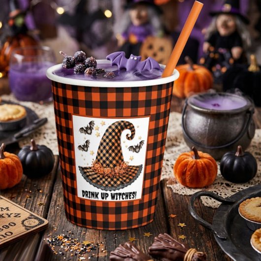 Orange & schwarzer Gingham Halloween Hexenhut & Fl Pappbecher