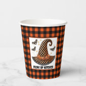 Orange & schwarzer Gingham Halloween Hexenhut & Fl Pappbecher (Rückseite)