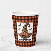 Orange & schwarzer Gingham Halloween Hexenhut & Fl Pappbecher (Vorderseite)