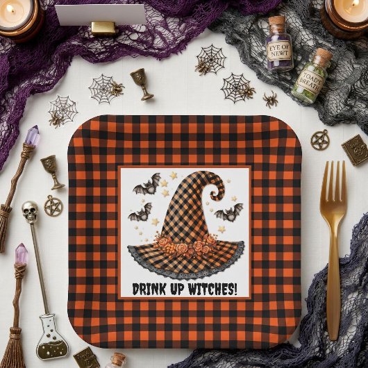 Orange & schwarzer Gingham Halloween Hexenhut & Fl Pappteller