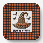 Orange & schwarzer Gingham Halloween Hexenhut & Fl Pappteller (Vorderseite)