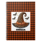 Orange-schwarzer Gingham-Halloween-Hexenhut & Fled Notizblock (Vorderseite)
