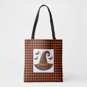 Orange-schwarzer Gingham-Halloween-Hexenhut & Fled Tasche (Vorderseite)