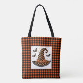 Orange-schwarzer Gingham-Halloween-Hexenhut & Fled Tasche (Rückseite)