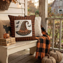 Orange-schwarzer Gingham-Halloween-Hexenhut und Fl