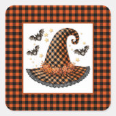 Orange-schwarzer Gingham-Hexenhut & Fledermäuse Quadratischer Aufkleber (Vorderseite)