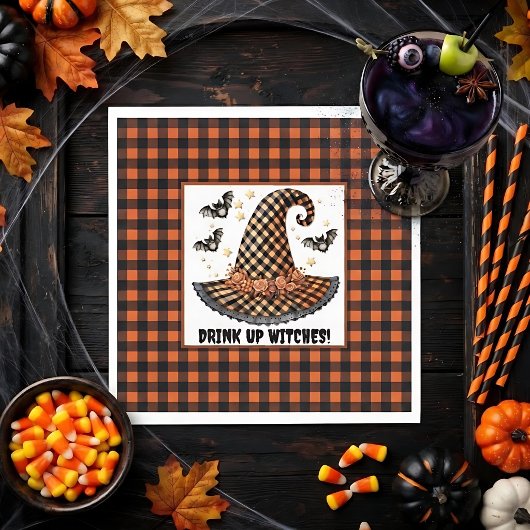Orange & schwarzer Gingham-Hexenhut & Fledermäuse Serviette