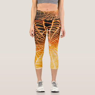 Orange Schwarzes Gruseliges Spinnennetz Capri Leggings