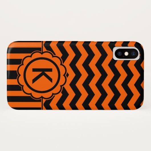 Orange schwarzes Zickzack-Monogramm Case-Mate iPhone Hülle (Rückseite (Horizontal))