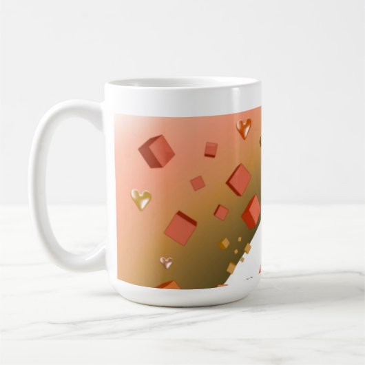 Orange schwebende Herzen und Würfel Kaffeetasse (Links)