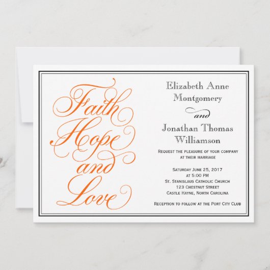 Orange Script Faith Hope Liebe Hochzeit Einladung (Vorderseite)