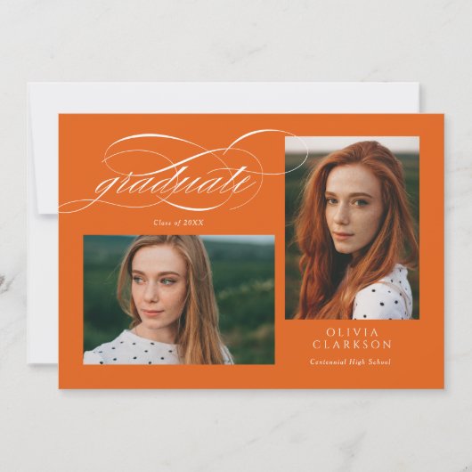 Orange Script QR Code 3 Foto Graduation Party Einladung (Vorderseite)