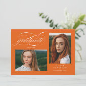 Orange Script QR Code 3 Foto Graduation Party Einladung (Stehend Vorderseite)