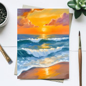 Orange Sea Sunset Watercolor Ocean Painted Card