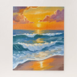 Orange Sea Sunset Watercolor Ocean Waves Painted Puzzle