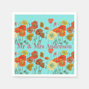 Orange Shabby Poppy Dekor Serviette Napkins Aqua.