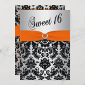 Orange, Silber, Schwarzer Damast Sweet 16 Einladun Einladung (Vorne/Hinten)