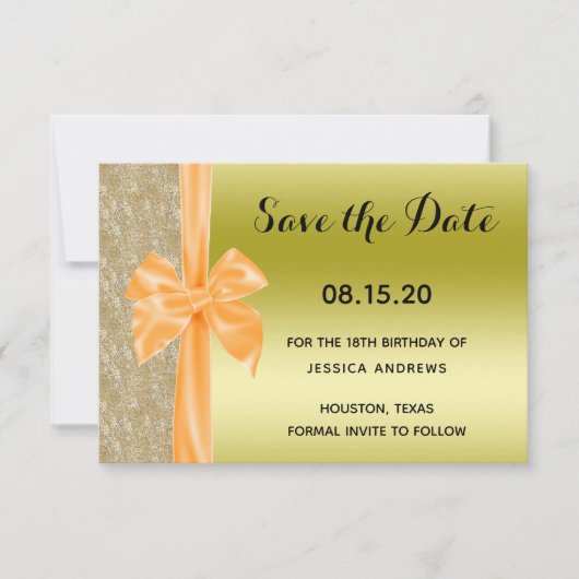 Orange Silk Bow Gold Glitter Sequins 18th Birthday Save The Date (Vorderseite)