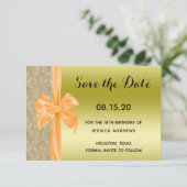 Orange Silk Bow Gold Glitter Sequins 18th Birthday Save The Date (Stehend Vorderseite)