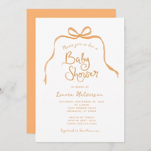 Orange Simple Bow Baby Shower Einladung (Vorne/Hinten)