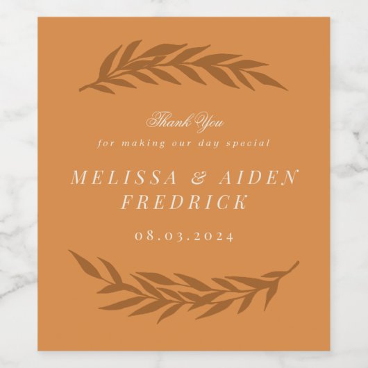 Orange Simple Branch Rustikale Herbsthochzeit Weinetikett (Einzelnes Label)