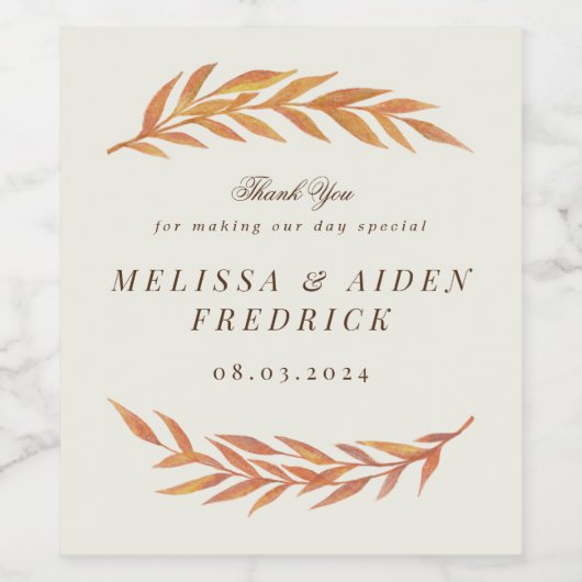 Orange Simple Branch Rustikale Herbsthochzeit Weinetikett (Einzelnes Label)