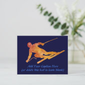 Orange Skier mit anpassbarem Text Postkarte (Stehend Vorderseite)