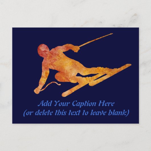 Orange Skier mit anpassbarem Text Postkarte (Vorderseite)