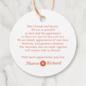 Orange-Skriptkalligraphie Danke Hochzeit im Herbst Geschenkanhänger (Rückseite)