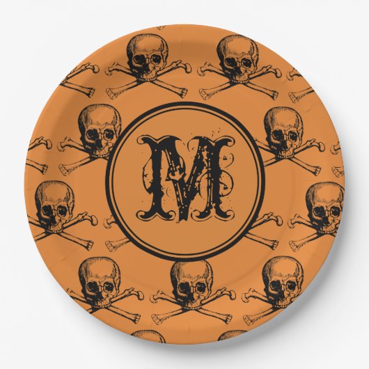 Orange Skull Halloween Personalisiert Monogram Pappteller (Vorderseite)
