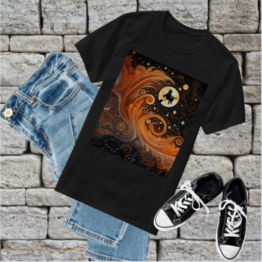 Orange Sky mit Moon und Hexe auf Broom T-Shirt