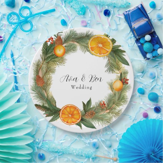 Orange Slice Green Pine Needles Wedding Pappteller (Party)