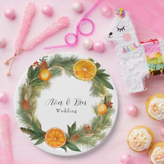 Orange Slice Green Pine Needles Wedding Pappteller (Party)