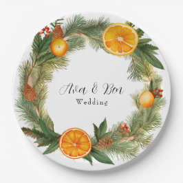 Orange Slice Green Pine Needles Wedding Pappteller