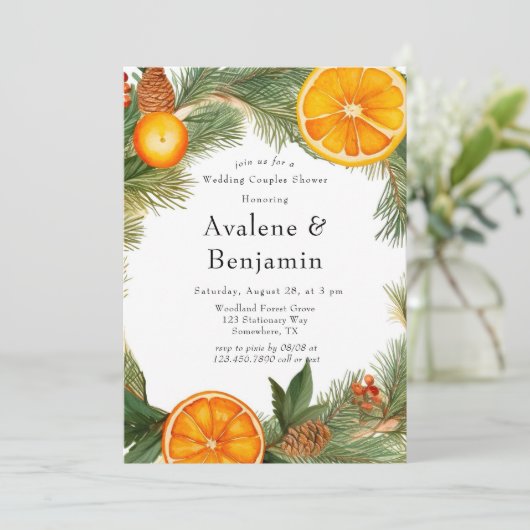 Orange Slice Pine Wreath Wedding Couples Dusche Einladung (Stehend Vorderseite)