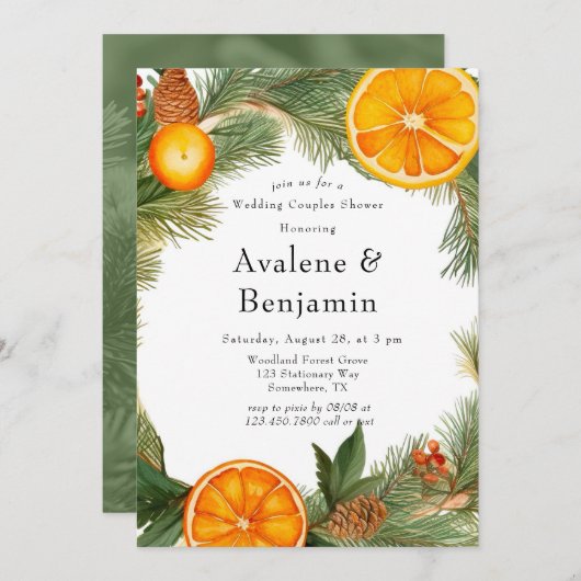 Orange Slice Pine Wreath Wedding Couples Dusche Einladung (Vorne/Hinten)