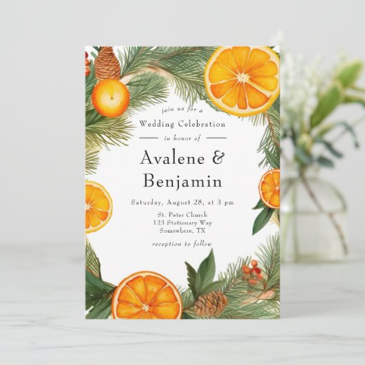 Orange Slice Pine Wreath Wedding Einladung (Stehend Vorderseite)