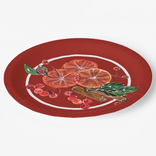 Orange Slices Cinnamon Sticks Berries Herbst Pappteller (Schrägansicht)