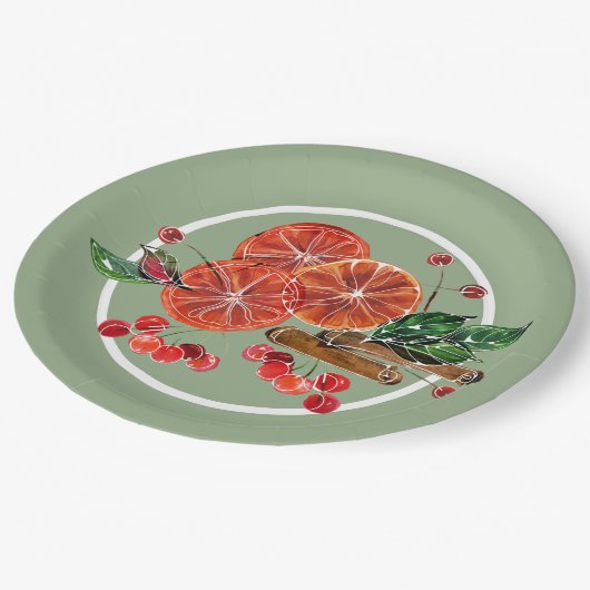 Orange Slices Cinnamon Sticks Berries Herbst Pappteller (Schrägansicht)