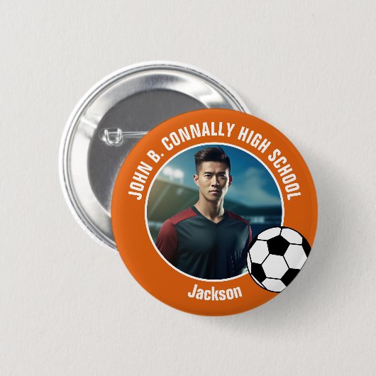 Orange Soccer Player Photo High School Spirit Button (Vorne & Hinten)