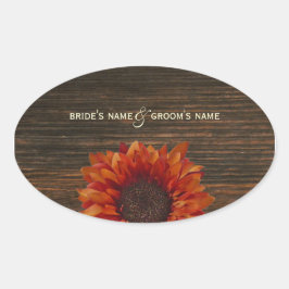 Orange Sonnenblumen und Barnwood-Hochzeitsticker Ovaler Aufkleber